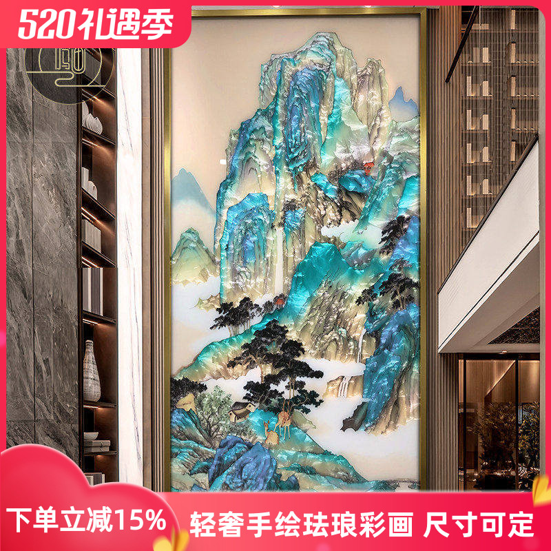 玄关珐瑯彩装饰画新中式轻奢手绘挂画走廊客厅大幅壁画千里江山图