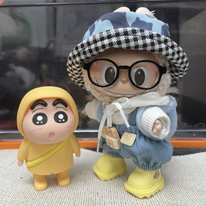 拉布布搪胶坐坐派对一代LABUBU渔夫帽背带裤套装娃衣服17cm
