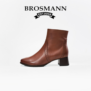 宝舒曼真皮高跟中筒时装靴2026新款爆款靴子女鞋春休闲侧拉链皮靴