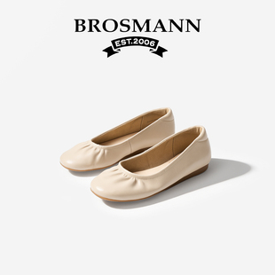 宝舒曼圆头皮鞋女款2026新款单鞋春真皮平底鞋浅口牛皮芭蕾舞女鞋