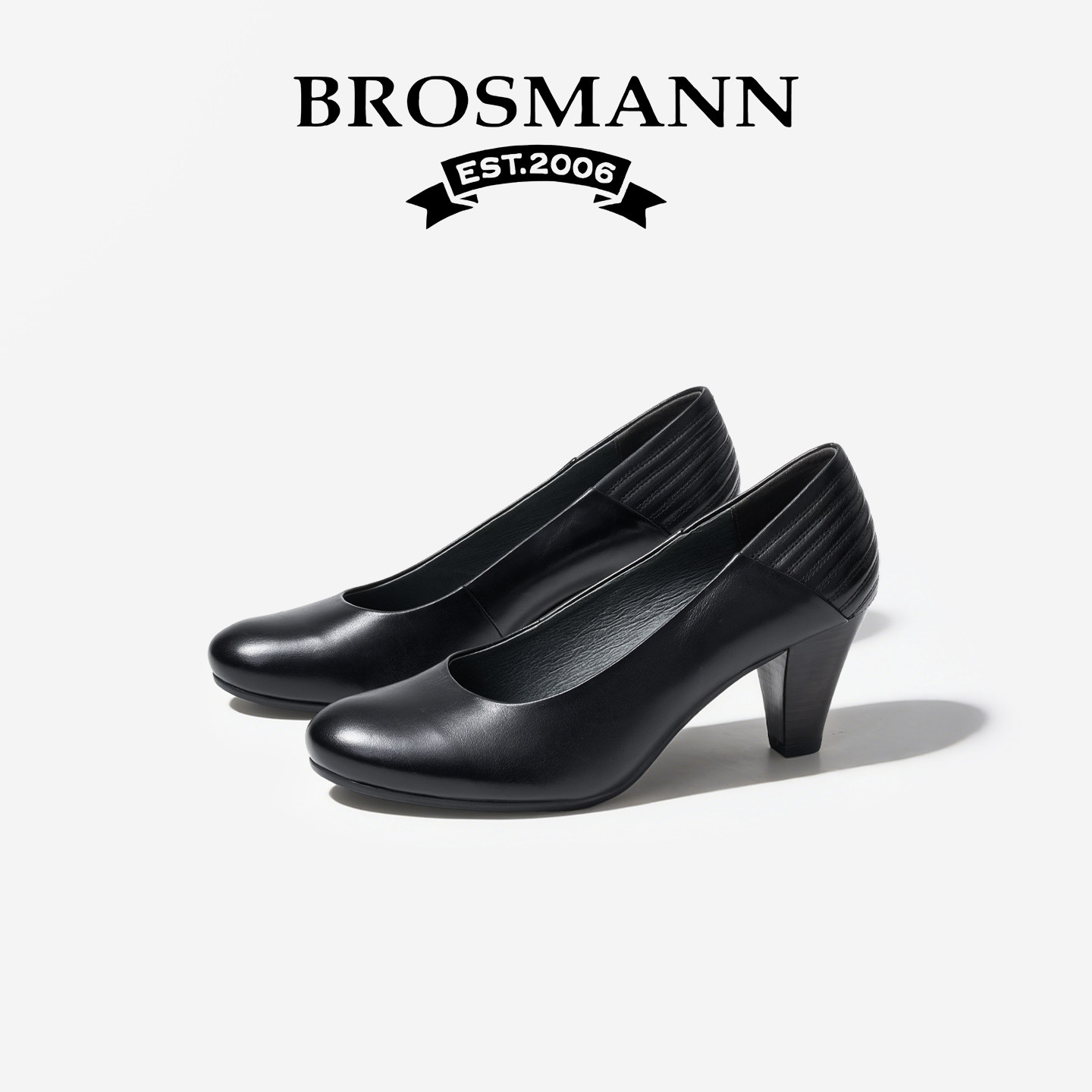 宝舒曼牛皮高跟鞋女新款黑色通勤不累脚粗跟软底舒适浅口女款单鞋