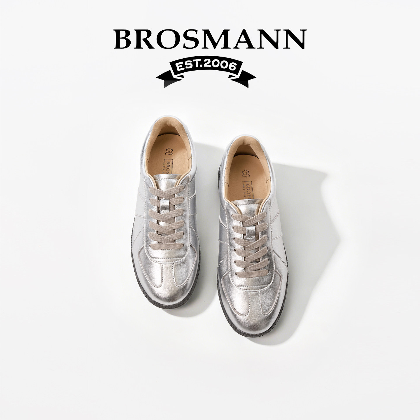 宝舒曼真皮银色德训鞋爆款运动休闲鞋女春软底不累脚系带圆头女鞋