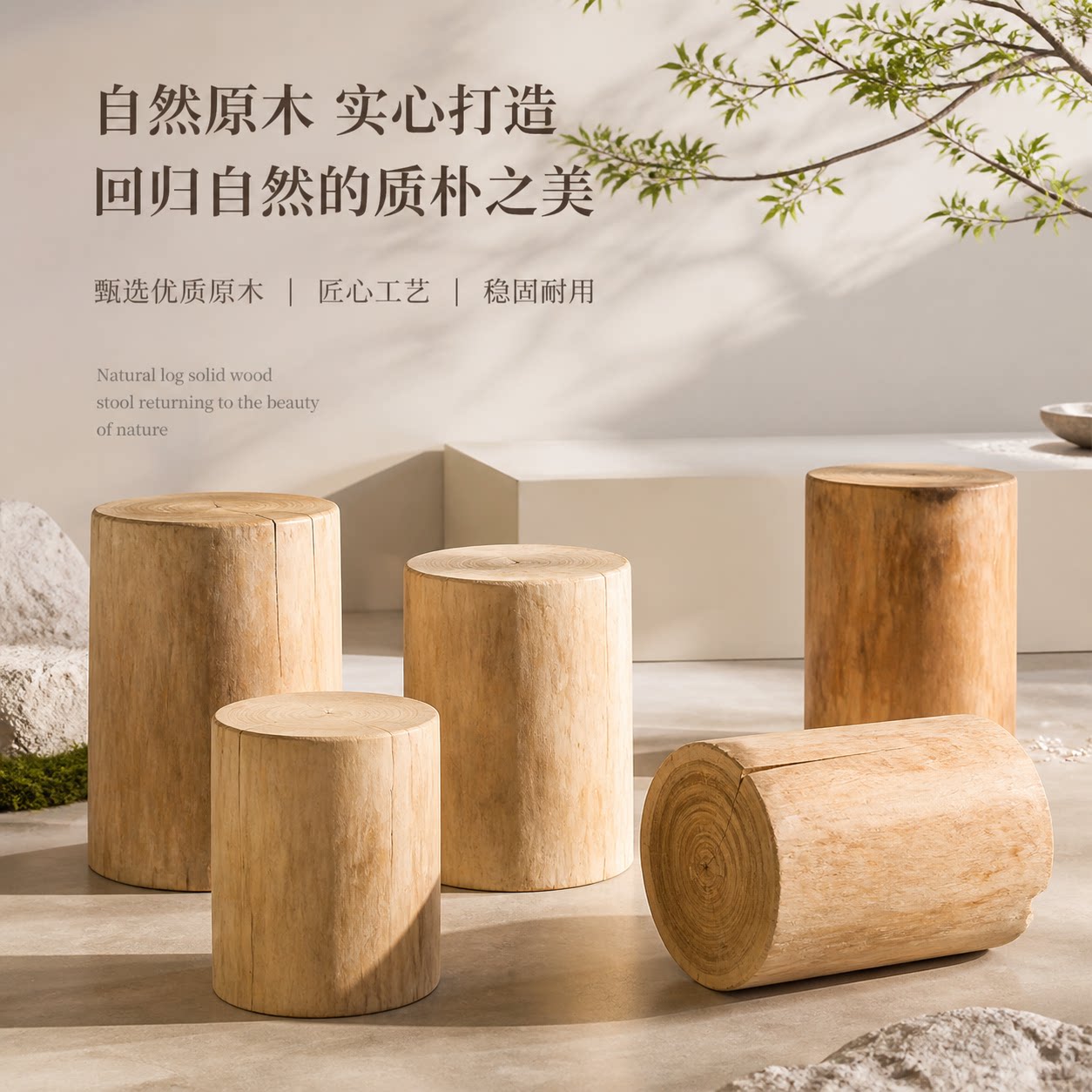 天然实木树桩圆木墩凳户外庭院图片