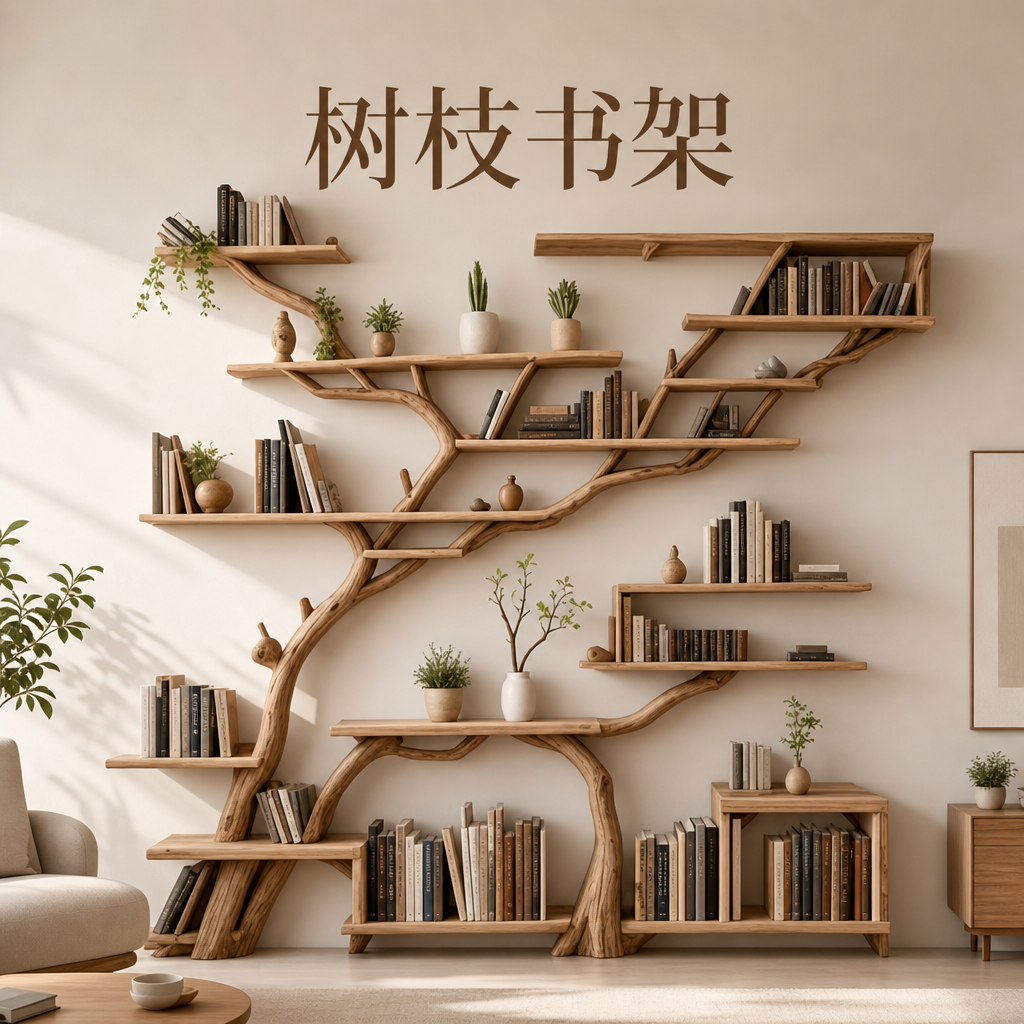 真树枝置物架实木树形创意书架客厅卧室墙壁悬空落地艺术装饰架