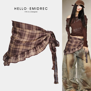 复古朋克爵士舞屁帘腰封叠穿腰巾格纹三角巾腰带配饰女宽配牛仔裤