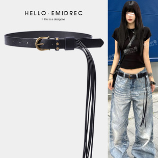 皮带女款宽编织铆钉流苏腰部装饰腰带配饰配牛仔裤波西米亚黑色