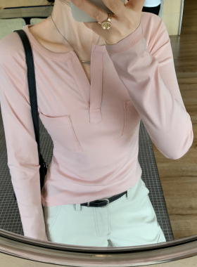 纯欲辣妹半开V领长袖T恤女秋冬2025新款设计感显瘦内搭打底衫上衣
