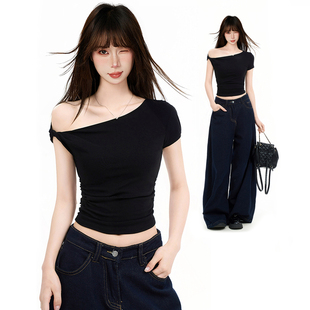 收腰显瘦露肩短款 黑色斜肩扭结短袖 甜辣妹修身 t恤女夏季 上衣 美式