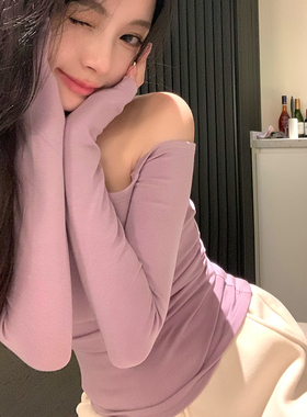 紫色一字领长袖t恤女早秋新款纯欲甜辣妹修身内搭打底衫露肩上衣