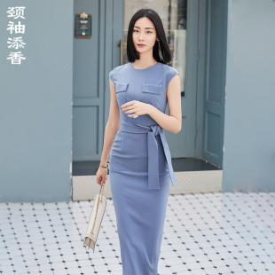 显瘦OL气质职业装 修身 包臀绑带连衣裙女裙 添香早秋新款 颈袖