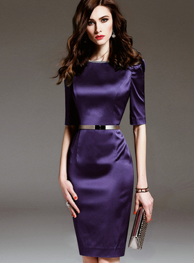 颈袖添香礼服修身包臀职业OL通勤正装春夏紫色名媛气质高端连衣裙