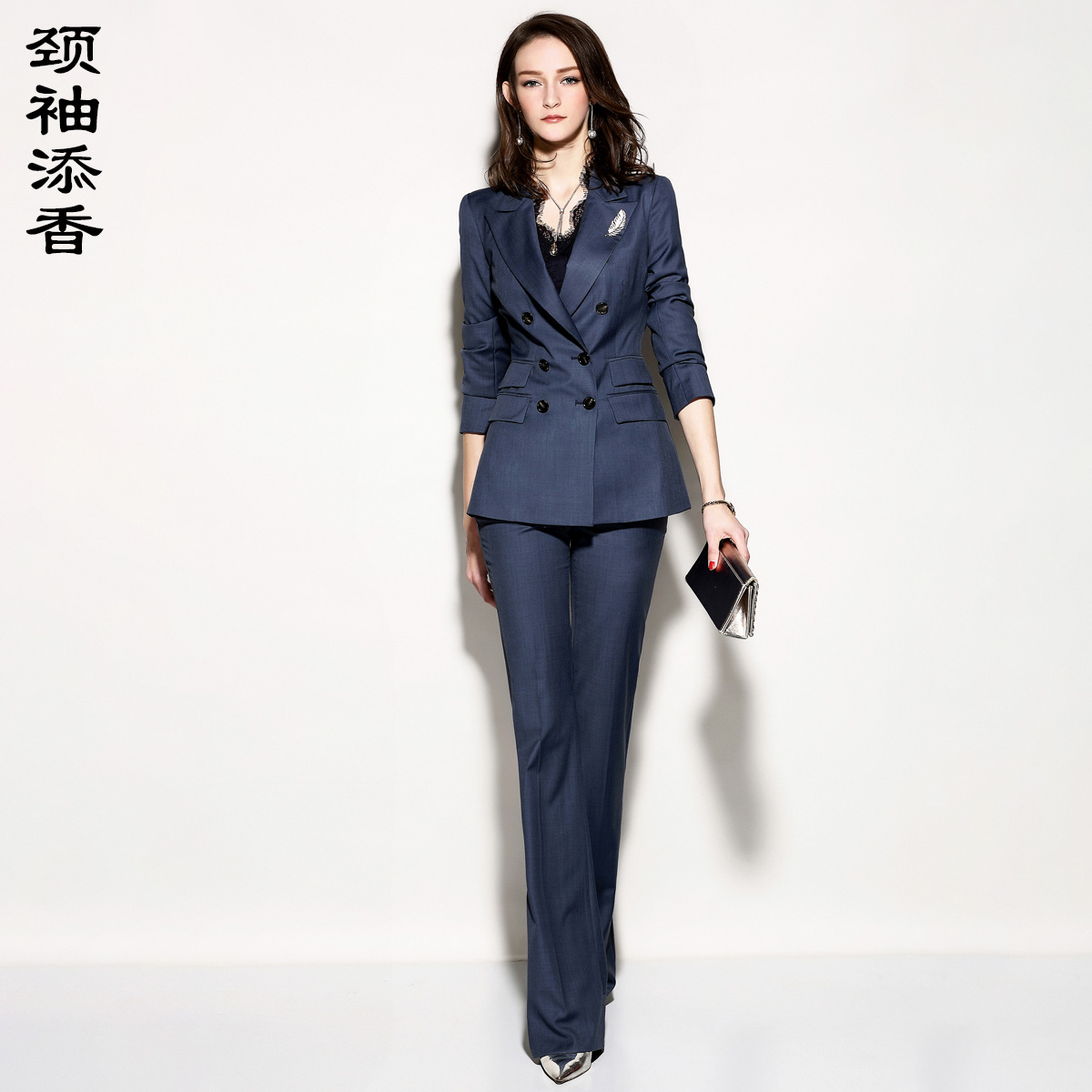 颈袖添香2024春秋羊毛西装女职业双排扣修身小西服女两件套深蓝色