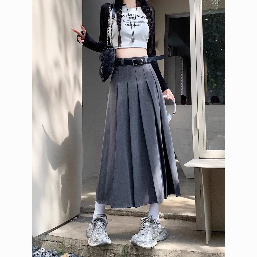 灰色西装高腰显瘦长款百褶半身裙