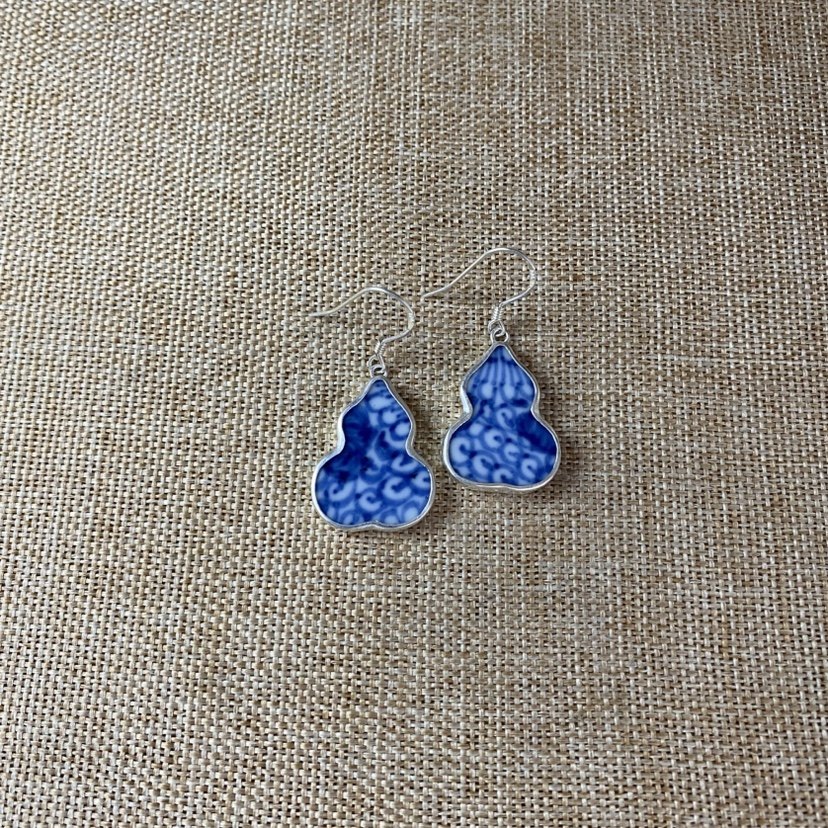 女士 青花瓷耳环 老瓷片耳饰 925银 手工饰品 葫芦款 古瓷首饰