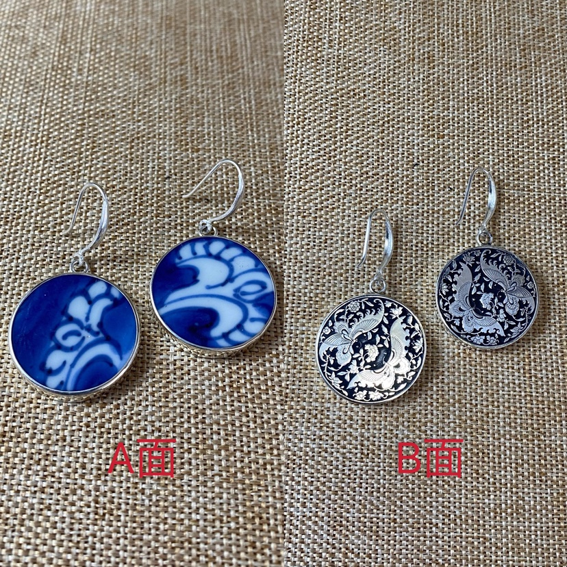 女士 青花瓷耳环 老瓷片耳饰 刻花复古 双面佩戴 925银 古瓷首饰