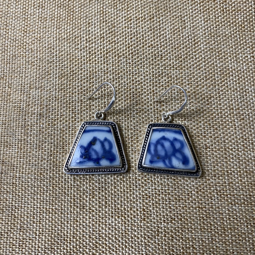 女士 青花瓷耳环 老瓷片耳饰 925银 复古 饰品配饰 百搭 古瓷首饰