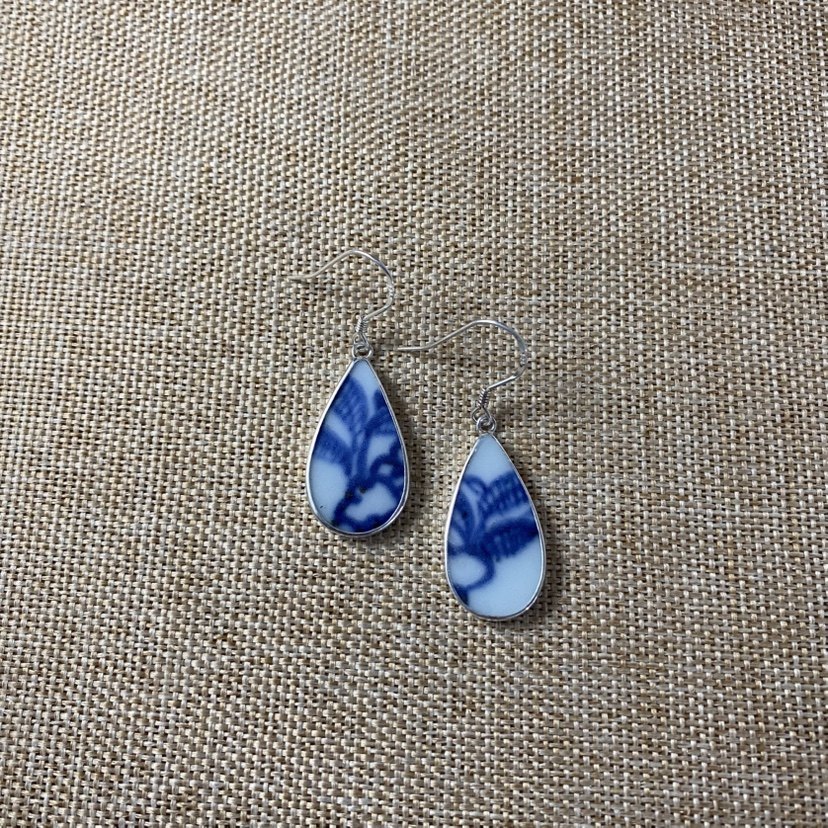 女士 青花瓷耳环 老瓷片耳饰 925银 手工饰品 简约流行 古瓷首饰