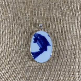 古瓷首饰 青花瓷吊坠 老瓷片挂件 925银 手工饰品配饰 男女佩戴