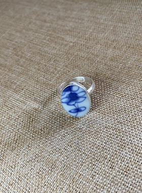 女士 青花瓷戒指 老瓷片 花卉 925银 手工饰品 简约 流行古瓷首饰