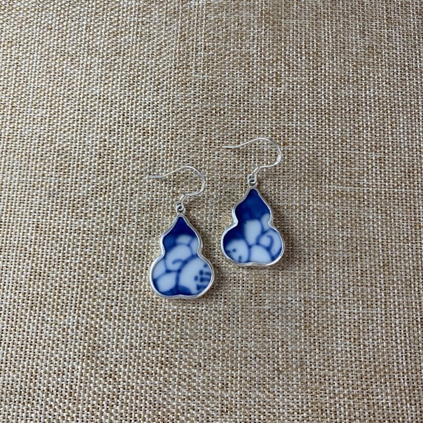 女士 青花瓷耳环 老瓷片耳饰 925银 葫芦款 手工饰品 古瓷首饰