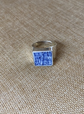 男士 青花瓷戒指 老瓷片板戒 925银 手工饰品 简约百搭 流行 古瓷