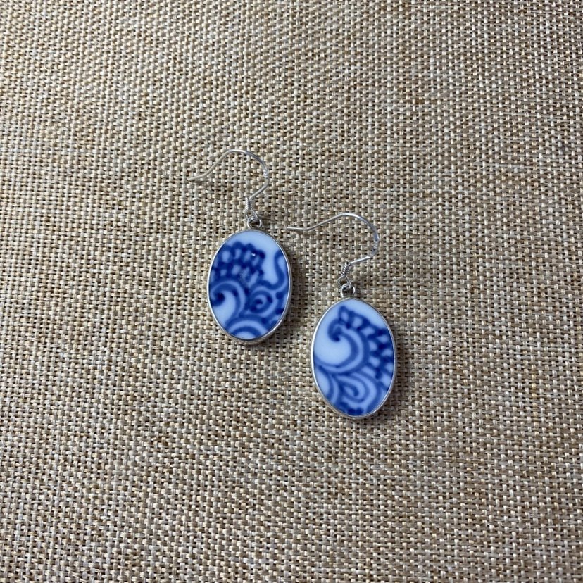 女士 青花瓷耳环 老瓷片耳饰 925银 饰品配饰 流行 古瓷首饰 百搭