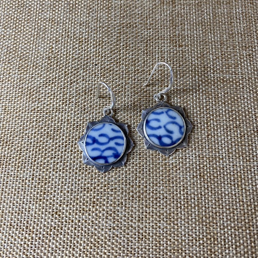 女士 青花瓷耳环 老瓷片耳饰 925银 复古 流行 古瓷首饰 百搭
