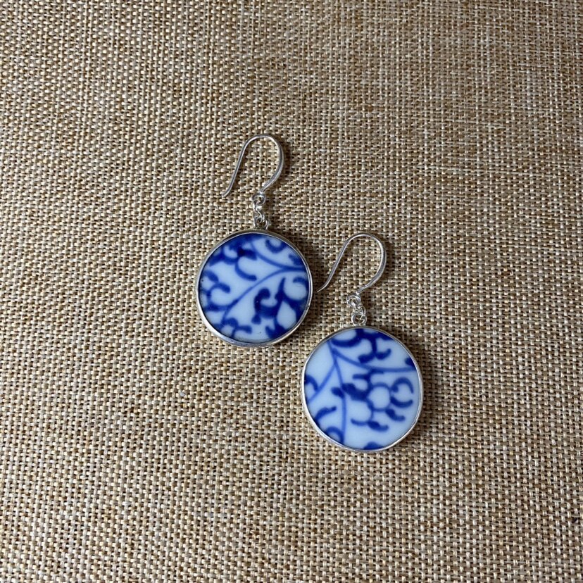 女士 青花瓷耳环 老瓷片耳饰 925银 刻花复古 流行 古瓷首饰 百搭