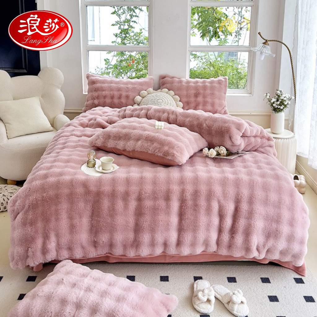 浪莎网红大泡泡仿兔毛绒四件套冬季双面加厚牛奶绒套件