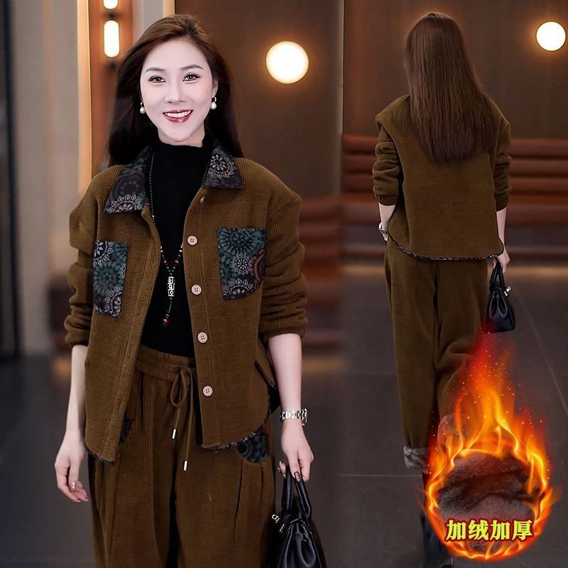 加绒加厚休闲套装女雪尼尔两件套