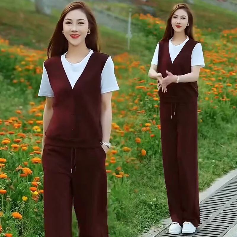 时尚休闲运动服套装女士2026夏季新款假两件短袖上衣阔腿裤两件套