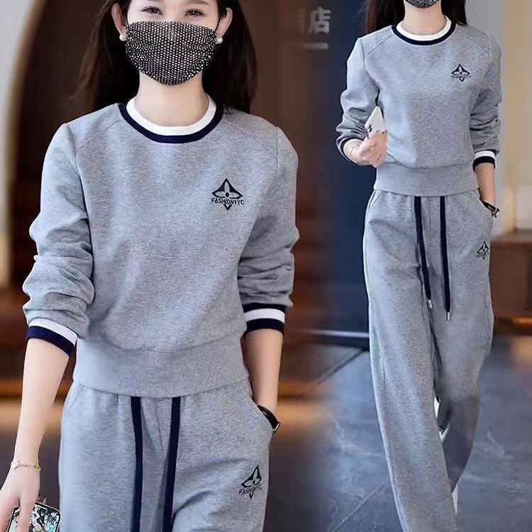 时尚休闲运动服套装女2025春秋新款洋气减龄圆领卫衣阔腿裤两件套