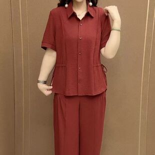 棉麻运动套装女夏季2026新款时尚中年妈妈衬衫翻领短袖休闲两件套