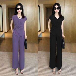 新款 洋氣質(zhì)顯瘦短袖 套裝 上衣高腰闊腿褲 休閑兩件套 女夏季 雪紡時尚