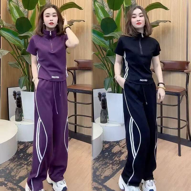 棉质休闲运动服套装女2026夏季新款洋气减龄短袖上衣阔腿裤两件套