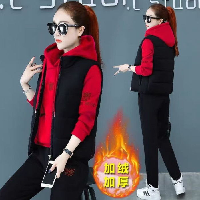 妈妈秋冬新款马甲三件套中老年加绒加厚运动服套装女防寒冬装外套