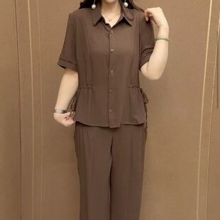 棉麻运动套装女夏季2026新款时尚中年妈妈衬衫翻领短袖休闲两件套