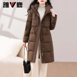 洋气加厚过膝白鸭绒连帽外套 雅鹿中长款 羽绒服女冬季 2025新款 时尚
