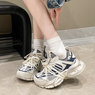 时尚 女2026年春秋新款 绑带网面透气运 厚底增高6cm老爹鞋 韩国潮鞋