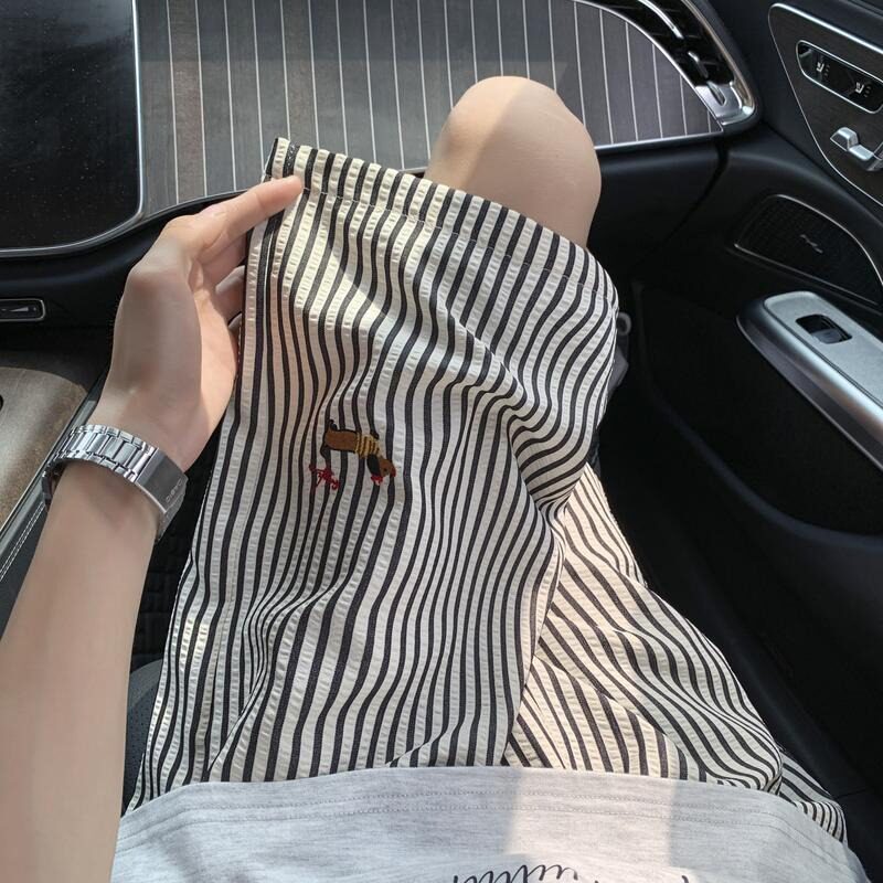 韩国明星同款黑白条纹五分休闲裤男女款夏季速干透气短裤薄款腊肠