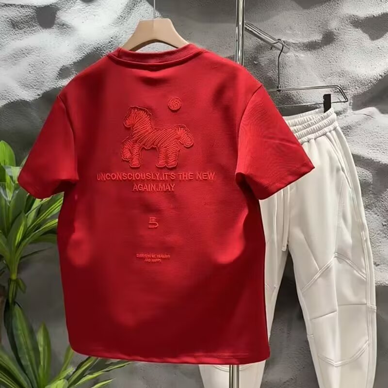 韩国明星同款夏季短袖t恤男士潮牌骏马印花体恤宽松休闲圆领潮流