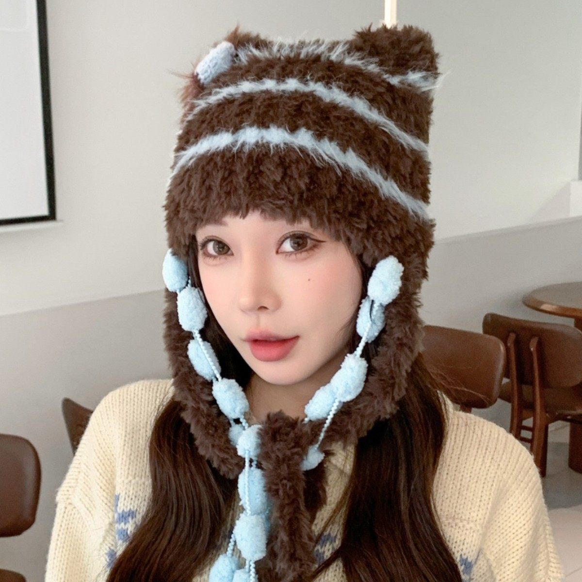 香港潮牌 25年秋冬新款亚比风猫耳仿兔毛绒帽子保暖条纹女款撞色,服饰配件/皮带/帽子/围巾,帽子,淘宝优惠券,粉丝福利购,淘宝优惠卷