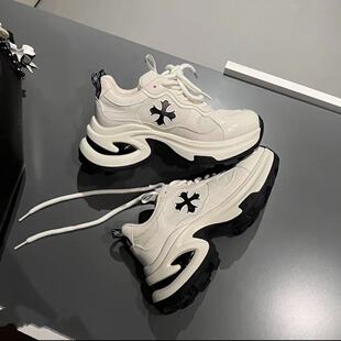 增高7CM 透气跑步鞋 真皮十字花厚底老爹鞋 新款 休闲 女春季 韩国潮鞋