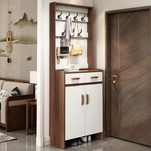 实木鞋柜对开门带抽屉家用门口玄关带衣架靠墙落地胡桃色原木色