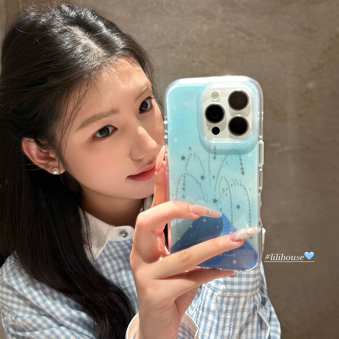 少女心巴黎蓝点钻喷泉苹果手机壳