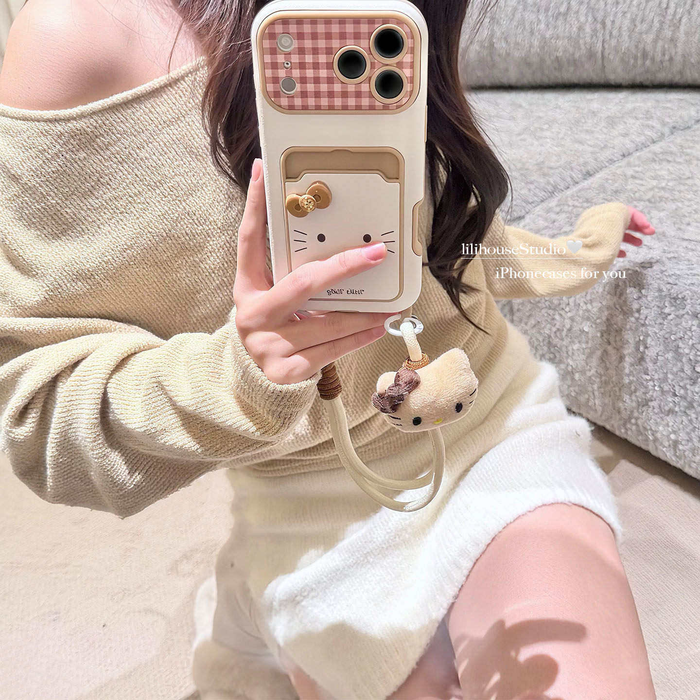 lilihouse韩国ins秋冬可爱格纹蝴蝶结猫咪挂绳适用17p