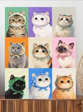 diy数字油画萌系头巾小猫系列手工填充填色油画解压治愈装饰挂画