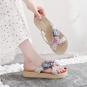交叉拖鞋 2025 防滑厚底平跟凉拖鞋 女花朵仿草编外穿夏季 海边沙滩鞋