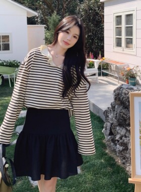 【新品】SERY黑色欧根纱半裙设计感拼接荷叶边褶皱小A字裙Skirt