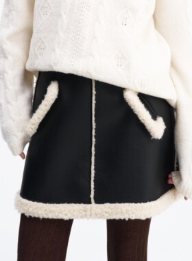 【新品】SERY毛绒夹皮短裙皮毛一体黑色半裙修身显瘦A字裙Skirt